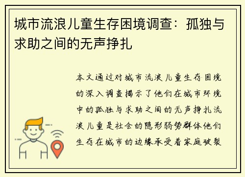 城市流浪儿童生存困境调查：孤独与求助之间的无声挣扎