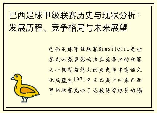 巴西足球甲级联赛历史与现状分析：发展历程、竞争格局与未来展望