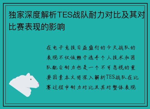 独家深度解析TES战队耐力对比及其对比赛表现的影响